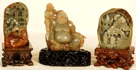 Three Pieces of Carved Jade with carved bases