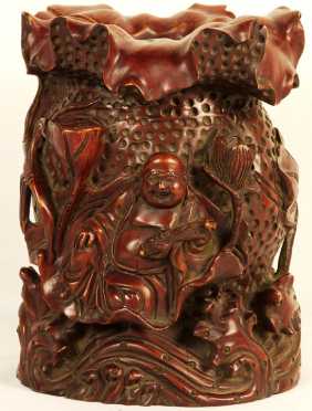Carved Wooden Vessel, decorated with lotus flowers