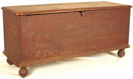 Ball Foot Red Painted Blanket Chest, probably 18th century New York