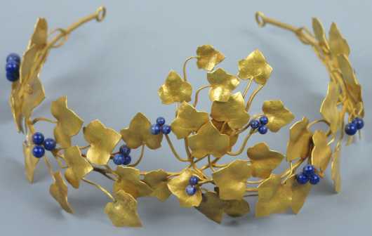 18K Gold Tiara, vine and leaf form with lapis berries, marked 18K  and "Knight"