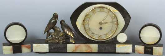 Marble 3-Piece Deco Clock Set, signed on the cast birds "Limousin,"