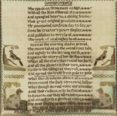 English Needlework Sampler, titled "Omnipotence," created in 1839 