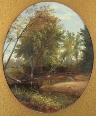Benjamin Champney, Attributed, oval oil on board of a woodland scene with stream