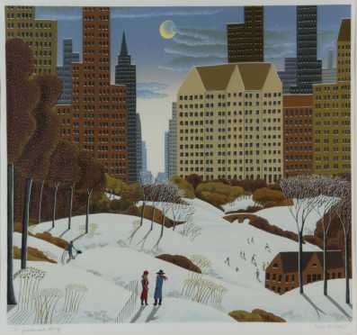 Thomas McKnight, serigraph, of a winter Central Park scene