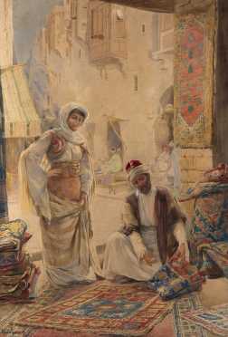 Amedeo Simonetti watercolor of a rug merchant.