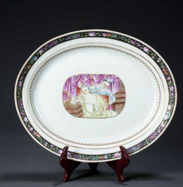 Chinese Export Platter, 15 1/2" long oval with scene of partially dressed woman.