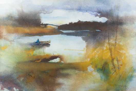 Thomas P. Blagden  Watercolor on paper of a peaceful fishing scene.