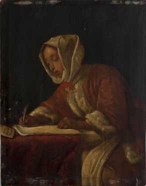 Old Master School of Gabriel Metsu, Painting of a young woman writing at her desk.