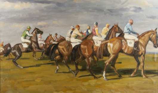 School of Alfred James Munnings, oil on canvas painting of Race Horse and Jockeys