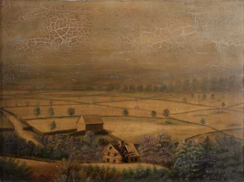 George Walter Harris, oil on board of a valley farm landscape with a collapsing farm house