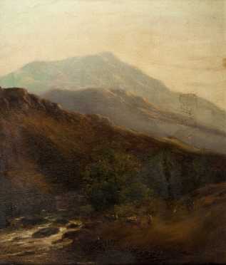 Adam Barland painting of a Mountain Landscape with farmer and cows