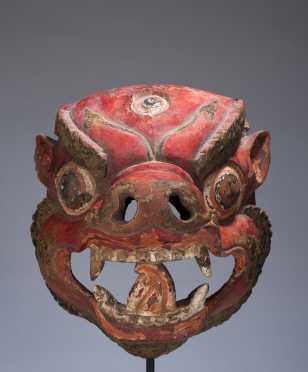 A Superb Wooden Dance Mask of Yama, Lord of the Underworld from Bhutan, Nepal or Tibet, probably 19th Century