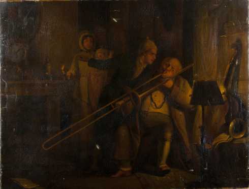 Carl Zimmerman painting of an elderly gentleman playing the trombone