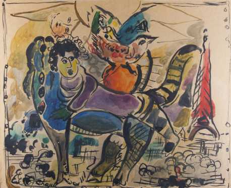School of Marc Chagall,  watercolor on paper of a woman riding a horse. 