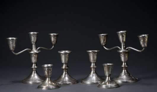 Pair of Towle Sterling Weighted Candelabras with pair of matching Towle Candlesticks and a smaller pair.  