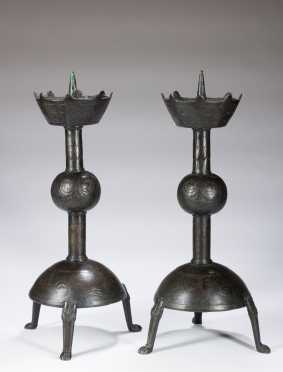 Pair of Chinese Bronze Pricket Candlesticks.