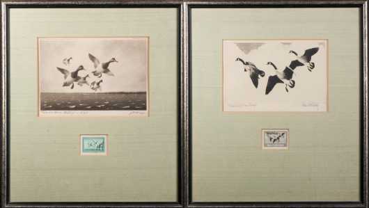 Pair of Two Federal Migratory Bird Stamps with Artists Signed Etchings