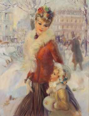 John Frederick Lloyd Strevens painting of a Winter city figural scene 