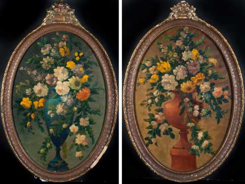 Pair of Oval Still Lives, oil on board of flowers in urns, 