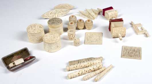 Chinese Carved Ivory Sewing and Toilet Items