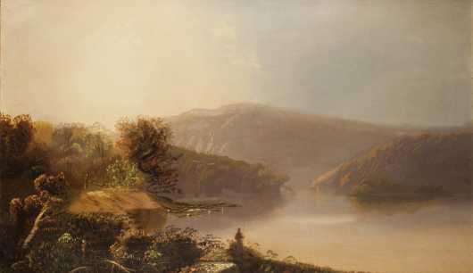 Hudson River School landscape of a man fishing