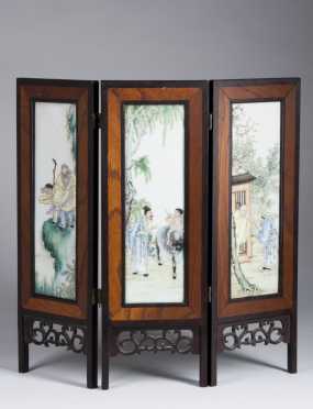 Chinese Table Screen with hand painted interior tiles.