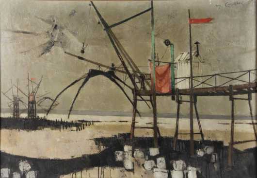 Yves Ganne oil on canvas of loading dock stations at a port
