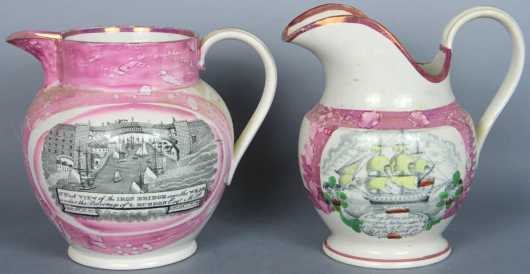 Two Pink Luster Commemorative Pitchers