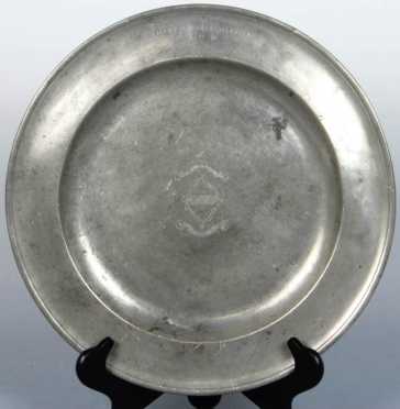 Pewter Charger, deep dish with central engraved family crest, marked on rim "MH"