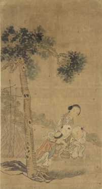 Chinese Painting on Silk of a domestic scene