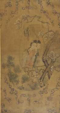 Chinese Watercolor Painting, depicting a mother and daughter embracing