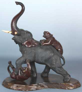 Japanese Bronze Elephant with ivory tusks
