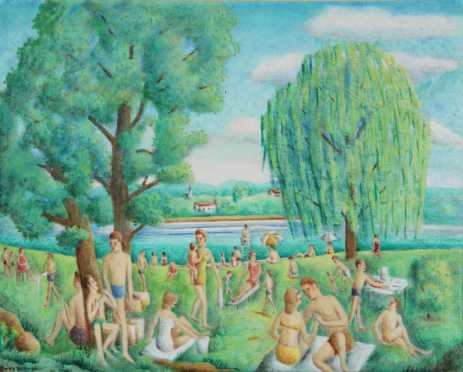 Eloisa Schwab,  mixed media on canvas of "Fun at the Lake"