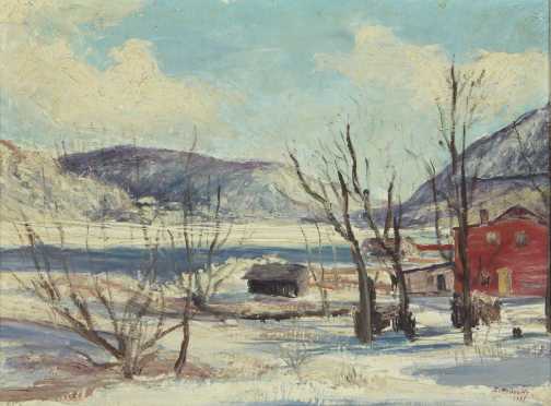 Ira Moskowitz,  oil on board of a winter landscape