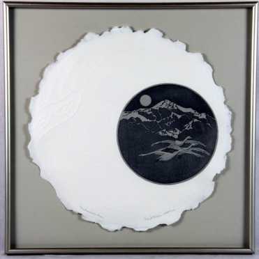 Arlene Jo Mickelson, embossed etching, "Snow Goose Moon,"