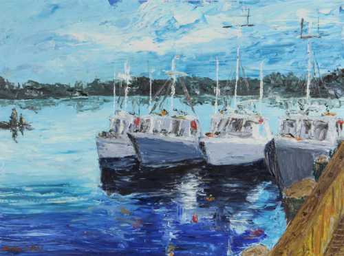 Hadley C. Pihl,  acrylic impressionistic landscape of boats