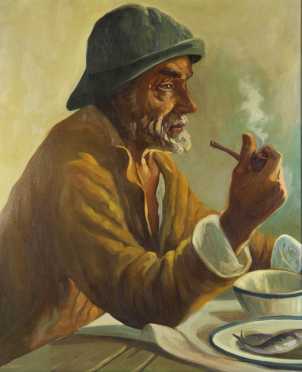 Mico Zayas, oil on canvas portrait of a fisherman 