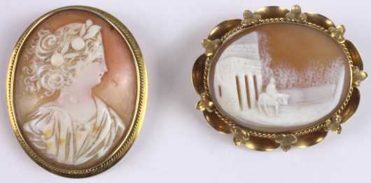 Two Shell Cameo Pins set in yellow gold