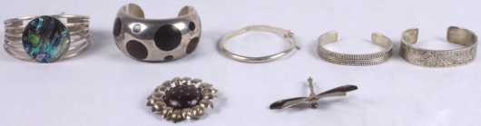 Five Silver and Sterling Silver Bracelets and Pins
