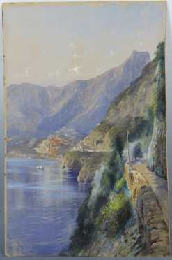 Thomas Moran mixed media/watercolor of a hilltop Italian village and coastal scene