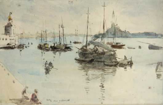 James McBey watercolor on paper seascape with boats