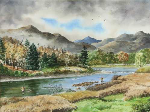 G. Connett Painting,  watercolor on paper of a man fly fishing