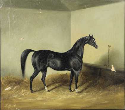 E. Blythe, 19th century, probably English, oil on canvas of a black race horse