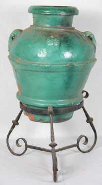Continental Pottery Jar with Wrought Iron Stand
