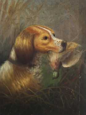 Gerald Rutgers Hardenberg Attributed, oil on board of a Brittany Spaniel retrieving a grouse