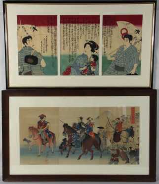 Japanese Triptych and Three Pages From A Japanese Block Printed Book
