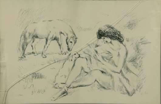 Marcel Vertres crayon on paper,  of a nude mother