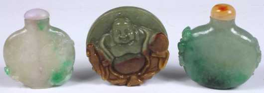 Two Chinese Jadeite Snuff Bottles and Pendent