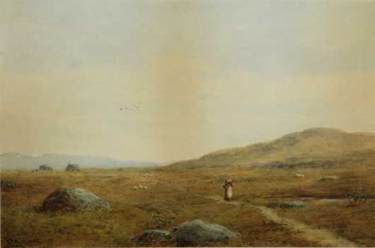 R.T. Minshull,  watercolor on paper of a highland scene with sheep