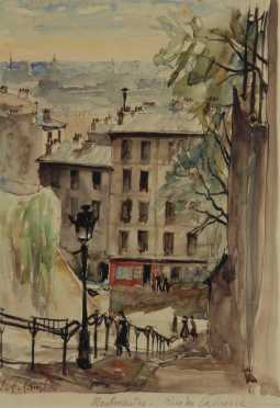 Pierre Eugene Cambier,  watercolor on paper of, "Montmartre-Rue du Calvarre,"